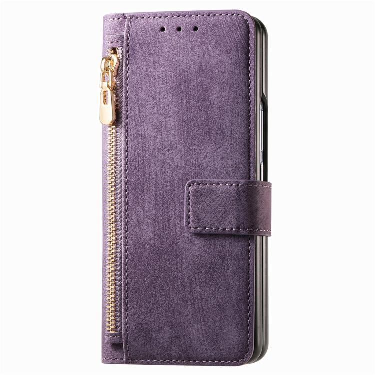 For Samsung Galaxy Z Fold4 Retro MagSafe Magnetic Zipper Wallet Leather Phone Case(Purple) by bashfashion