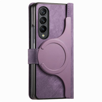 For Samsung Galaxy Z Fold4 Retro MagSafe Magnetic Zipper Wallet Leather Phone Case(Purple) by bashfashion