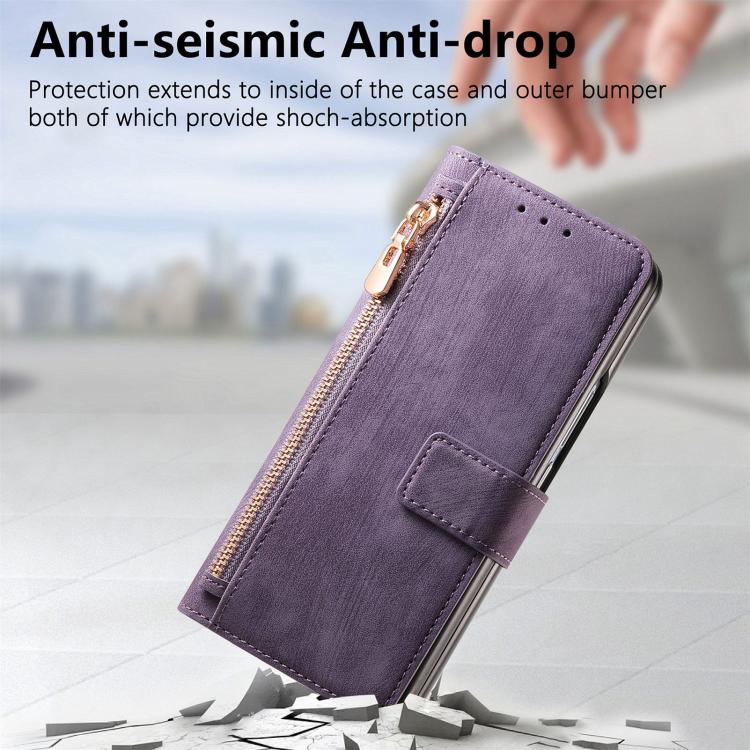 For Samsung Galaxy Z Fold4 Retro MagSafe Magnetic Zipper Wallet Leather Phone Case(Purple) by bashfashion
