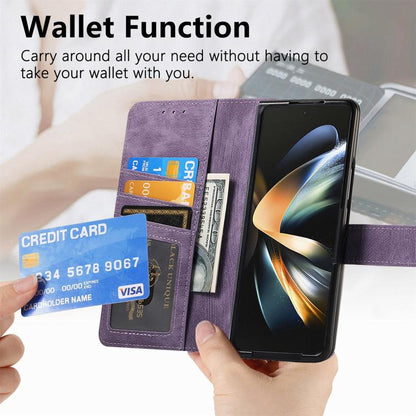 For Samsung Galaxy Z Fold4 Retro MagSafe Magnetic Zipper Wallet Leather Phone Case(Purple) by bashfashion