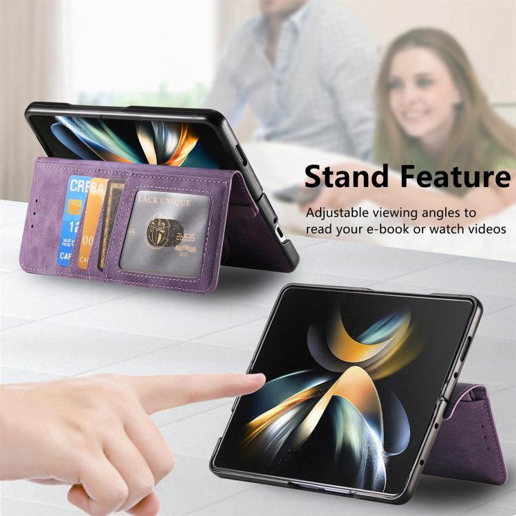 For Samsung Galaxy Z Fold4 Retro MagSafe Magnetic Zipper Wallet Leather Phone Case(Purple) by bashfashion