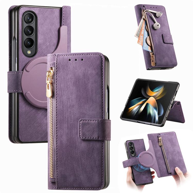 For Samsung Galaxy Z Fold4 Retro MagSafe Magnetic Zipper Wallet Leather Phone Case(Purple) by bashfashion