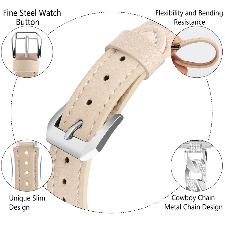 For Apple Watch SE 2023 44mm Rhinestone Denim Chain Leather Watch Band(Apricot) by bashfashion