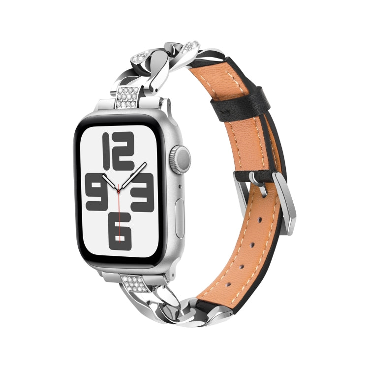 For Apple Watch Ultra 2 49mm Rhinestone Denim Chain Leather Watch Band(Black) by bashfashion