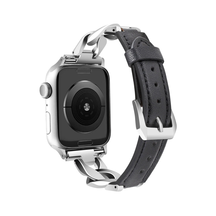 For Apple Watch Ultra 2 49mm Rhinestone Denim Chain Leather Watch Band(Black) by bashfashion