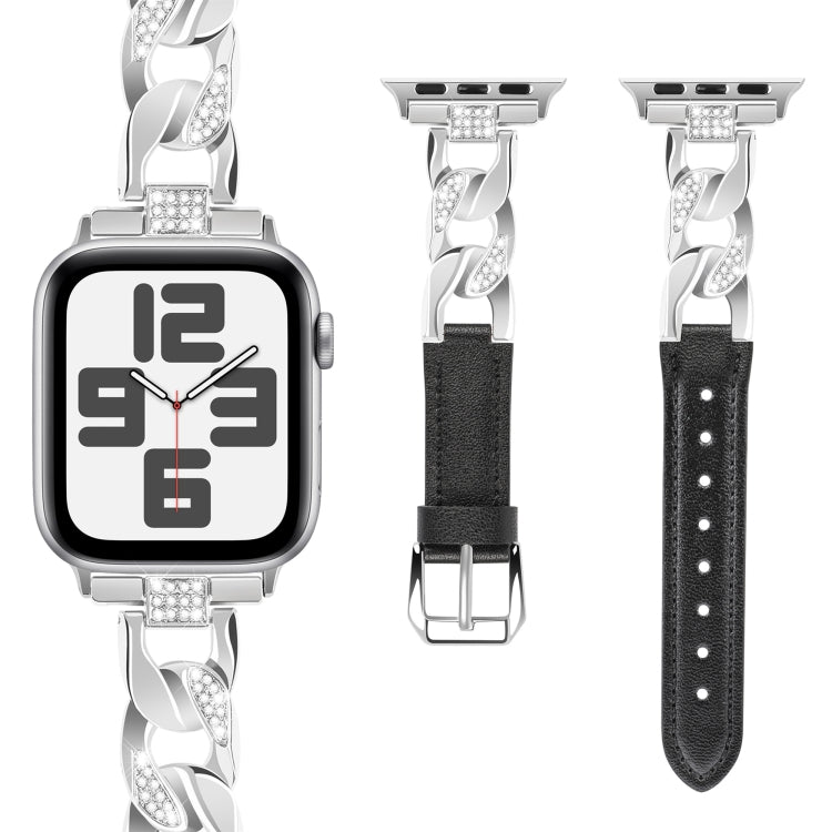 For Apple Watch Ultra 2 49mm Rhinestone Denim Chain Leather Watch Band(Black) by bashfashion