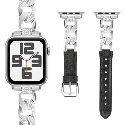 For Apple Watch Ultra 2 49mm Rhinestone Denim Chain Leather Watch Band(Black) by bashfashion