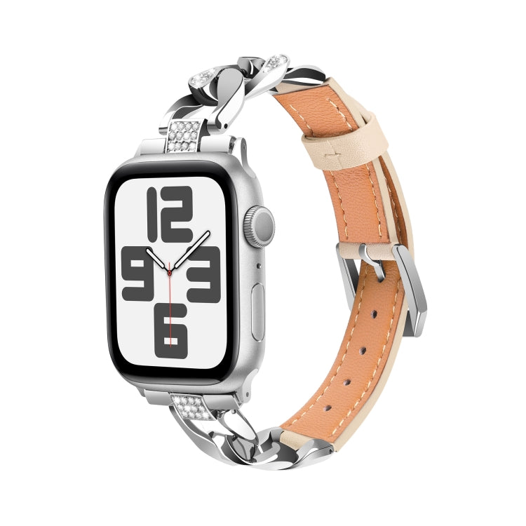For Apple Watch Ultra 2 49mm Rhinestone Denim Chain Leather Watch Band(Apricot) by bashfashion