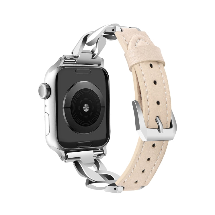 For Apple Watch Ultra 2 49mm Rhinestone Denim Chain Leather Watch Band(Apricot) by bashfashion