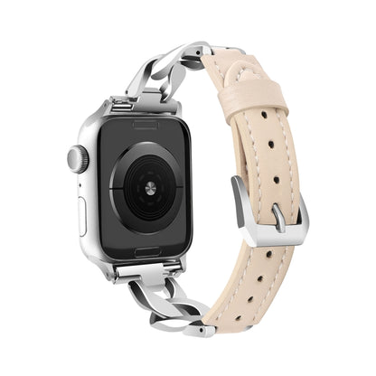 For Apple Watch Ultra 2 49mm Rhinestone Denim Chain Leather Watch Band(Apricot) by bashfashion