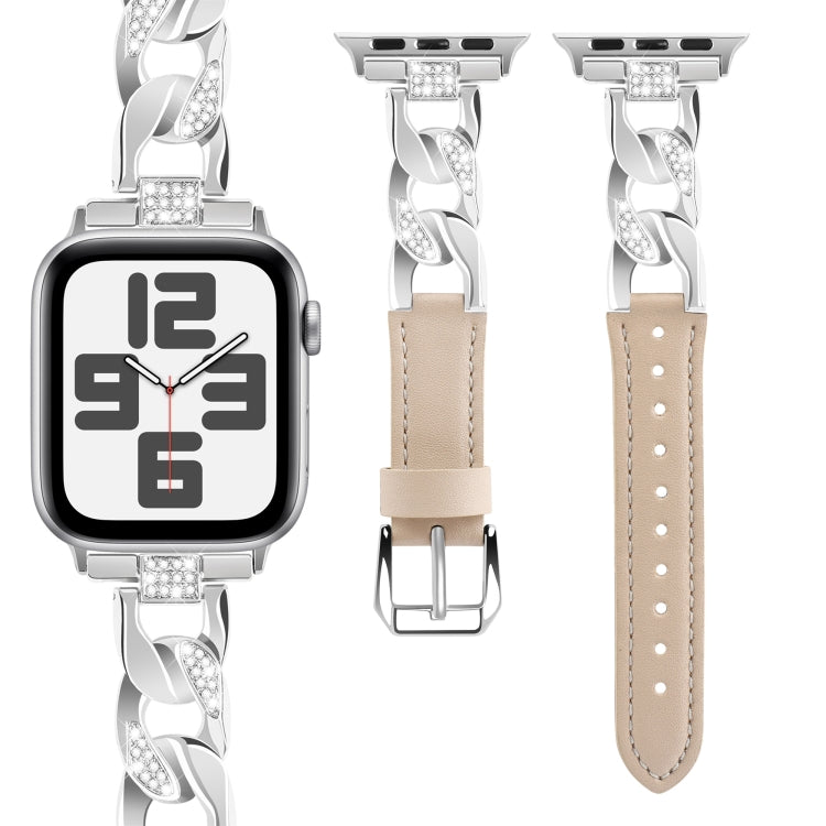 For Apple Watch Ultra 2 49mm Rhinestone Denim Chain Leather Watch Band(Apricot) by bashfashion