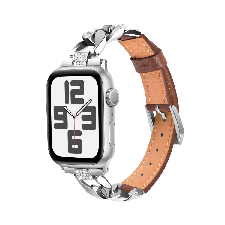 For Apple Watch Ultra 2 49mm Rhinestone Denim Chain Leather Watch Band(Brown) by bashfashion