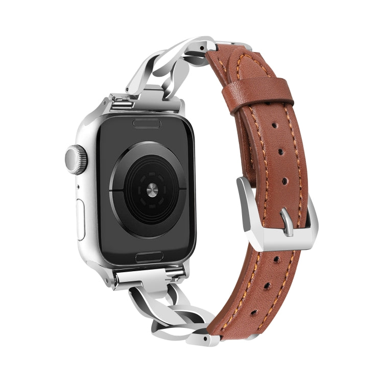 For Apple Watch Ultra 2 49mm Rhinestone Denim Chain Leather Watch Band(Brown) by bashfashion