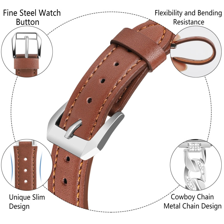 For Apple Watch Ultra 2 49mm Rhinestone Denim Chain Leather Watch Band(Brown) by bashfashion