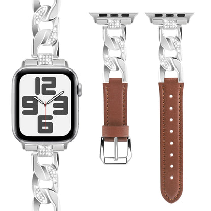 For Apple Watch Ultra 2 49mm Rhinestone Denim Chain Leather Watch Band(Brown) by bashfashion