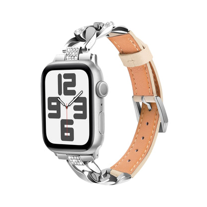 For Apple Watch Series 9 45mm Rhinestone Denim Chain Leather Watch Band(Apricot) by bashfashion