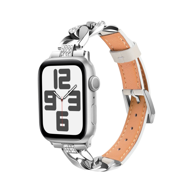 For Apple Watch Ultra 49mm Rhinestone Denim Chain Leather Watch Band(Beige) by bashfashion