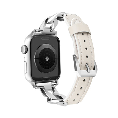 For Apple Watch Ultra 49mm Rhinestone Denim Chain Leather Watch Band(Beige) by bashfashion