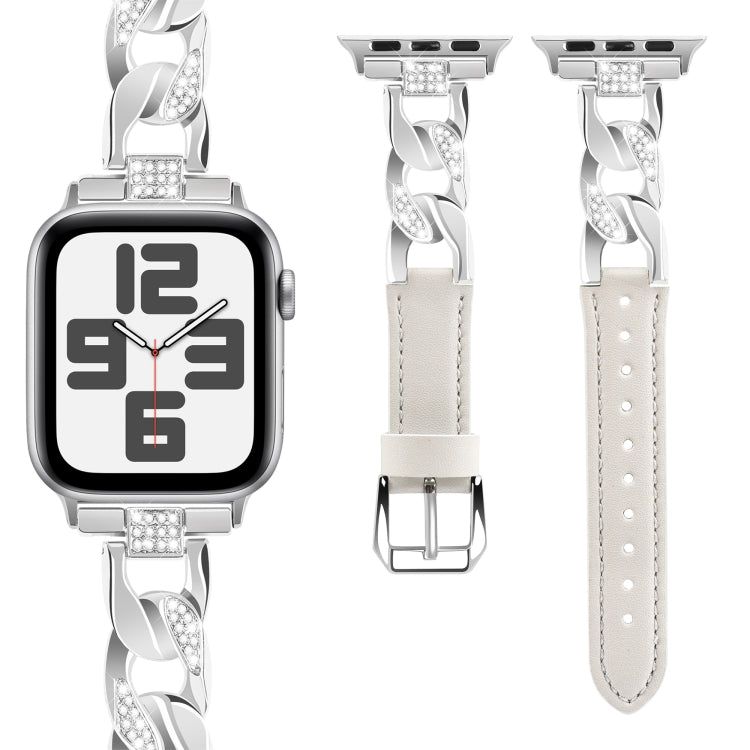 For Apple Watch Ultra 49mm Rhinestone Denim Chain Leather Watch Band(Beige) by bashfashion