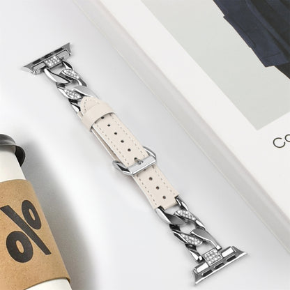 For Apple Watch Ultra 49mm Rhinestone Denim Chain Leather Watch Band(Beige) by bashfashion