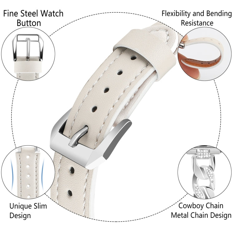 For Apple Watch Series 8 45mm Rhinestone Denim Chain Leather Watch Band(Beige) by bashfashion