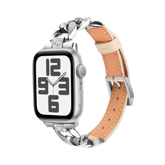 For Apple Watch Series 8 45mm Rhinestone Denim Chain Leather Watch Band(Apricot) by bashfashion