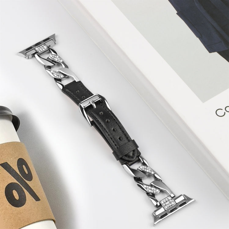 For Apple Watch SE 2022 44mm Rhinestone Denim Chain Leather Watch Band(Black) by bashfashion