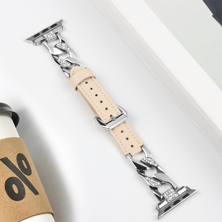 For Apple Watch Series 7 41mm Rhinestone Denim Chain Leather Watch Band(Apricot) by bashfashion