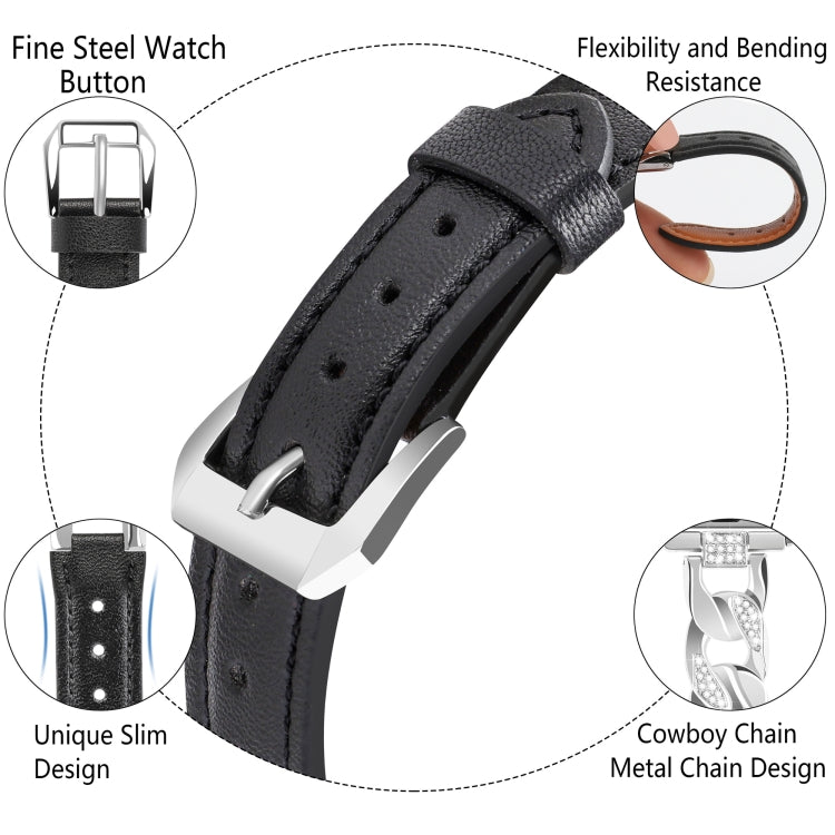 For Apple Watch Series 6 44mm Rhinestone Denim Chain Leather Watch Band(Black) by bashfashion