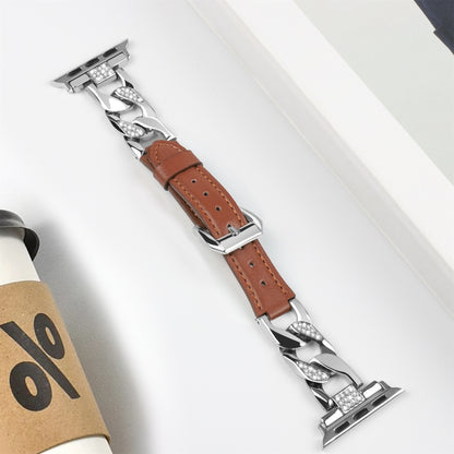 For Apple Watch Series 5 44mm Rhinestone Denim Chain Leather Watch Band(Brown) by bashfashion