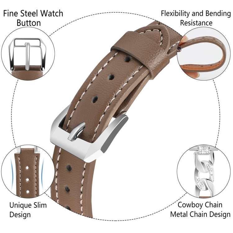 For Apple Watch Series 5 44mm Rhinestone Denim Chain Leather Watch Band(Dark Brown) by bashfashion