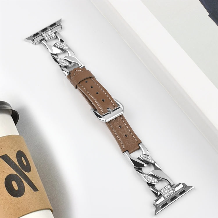 For Apple Watch Series 5 44mm Rhinestone Denim Chain Leather Watch Band(Dark Brown) by bashfashion