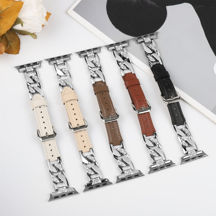 For Apple Watch Ultra 2 49mm Rhinestone Denim Chain Leather Watch Band(Apricot) by bashfashion