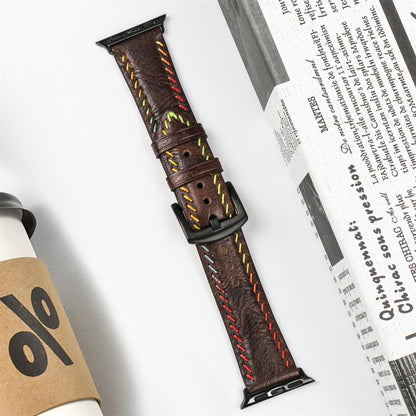 For Apple Watch Series 9 45mm Colorful Sewing Thread Leather Watch Band(Dark Brown) by bashfashion