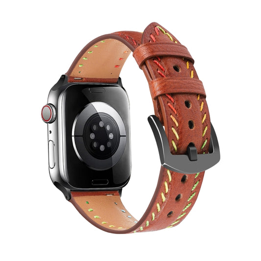 For Apple Watch Series 9 45mm Colorful Sewing Thread Leather Watch Band(Brown) by bashfashion