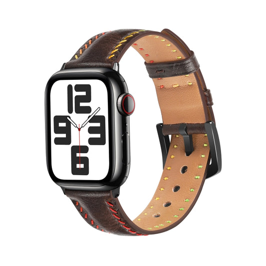 For Apple Watch Series 9 41mm Colorful Sewing Thread Leather Watch Band(Dark Brown) by bashfashion