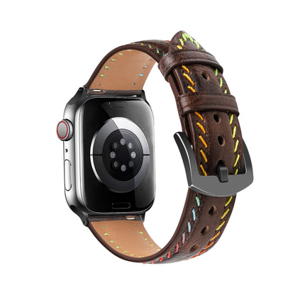 For Apple Watch Ultra 49mm Colorful Sewing Thread Leather Watch Band(Dark Brown) by bashfashion