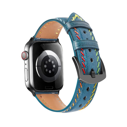 For Apple Watch Ultra 49mm Colorful Sewing Thread Leather Watch Band(Blue) by bashfashion