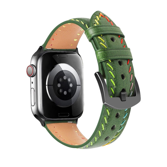 For Apple Watch Series 8 41mm Colorful Sewing Thread Leather Watch Band(Green) by bashfashion