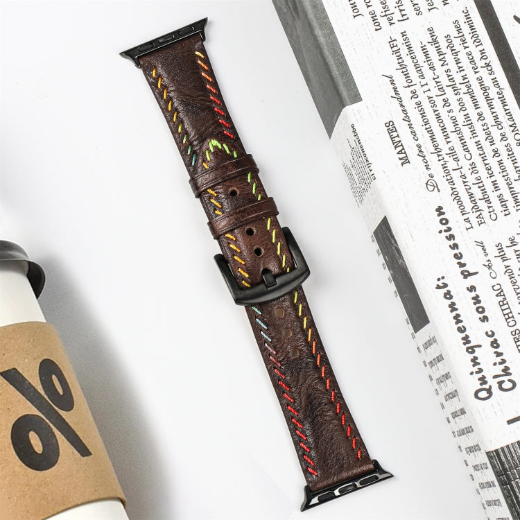 For Apple Watch SE 2022 40mm Colorful Sewing Thread Leather Watch Band(Dark Brown) by bashfashion