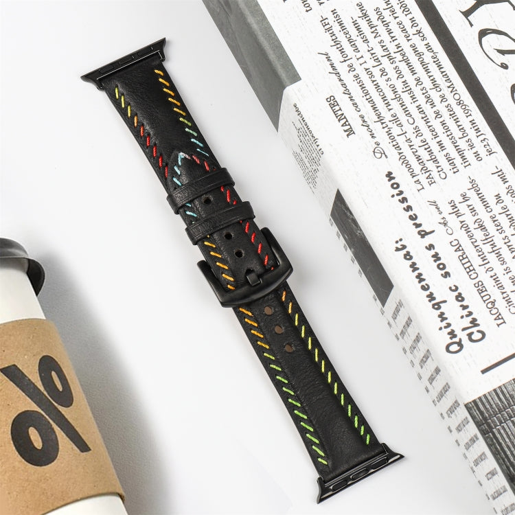 For Apple Watch SE 2022 44mm Colorful Sewing Thread Leather Watch Band(Black) by bashfashion