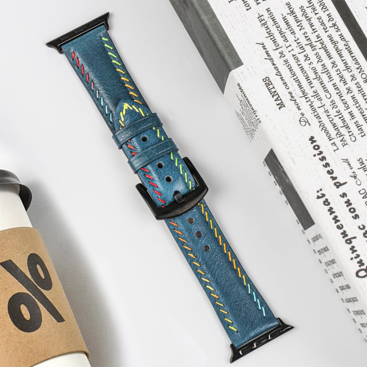 For Apple Watch SE 2022 44mm Colorful Sewing Thread Leather Watch Band(Blue) by bashfashion