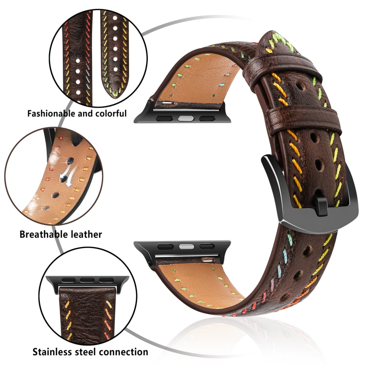 For Apple Watch Series 7 45mm Colorful Sewing Thread Leather Watch Band(Dark Brown) by bashfashion