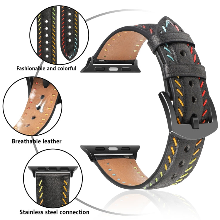 For Apple Watch Series 7 45mm Colorful Sewing Thread Leather Watch Band(Black) by bashfashion