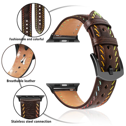 For Apple Watch Series 6 44mm Colorful Sewing Thread Leather Watch Band(Dark Brown) by bashfashion