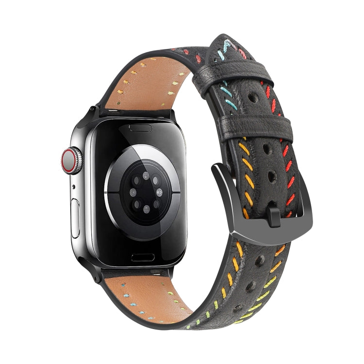For Apple Watch Series 3 42mm Colorful Sewing Thread Leather Watch Band(Black) by bashfashion