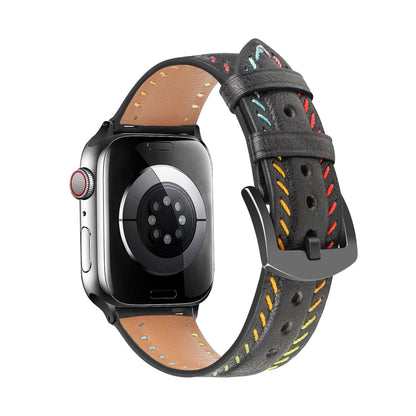 For Apple Watch Series 3 42mm Colorful Sewing Thread Leather Watch Band(Black) by bashfashion