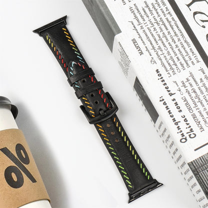 For Apple Watch Series 3 42mm Colorful Sewing Thread Leather Watch Band(Black) by bashfashion