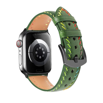 For Apple Watch Series 3 42mm Colorful Sewing Thread Leather Watch Band(Green) by bashfashion