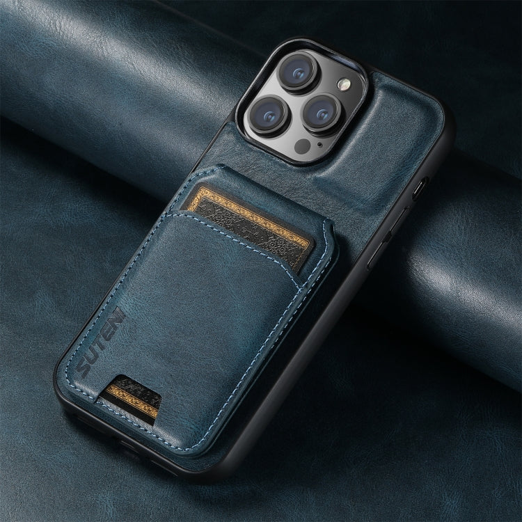 For iPhone 16 Suteni H02 Leather Wallet Stand Back Phone Case(Blue) by Suteni